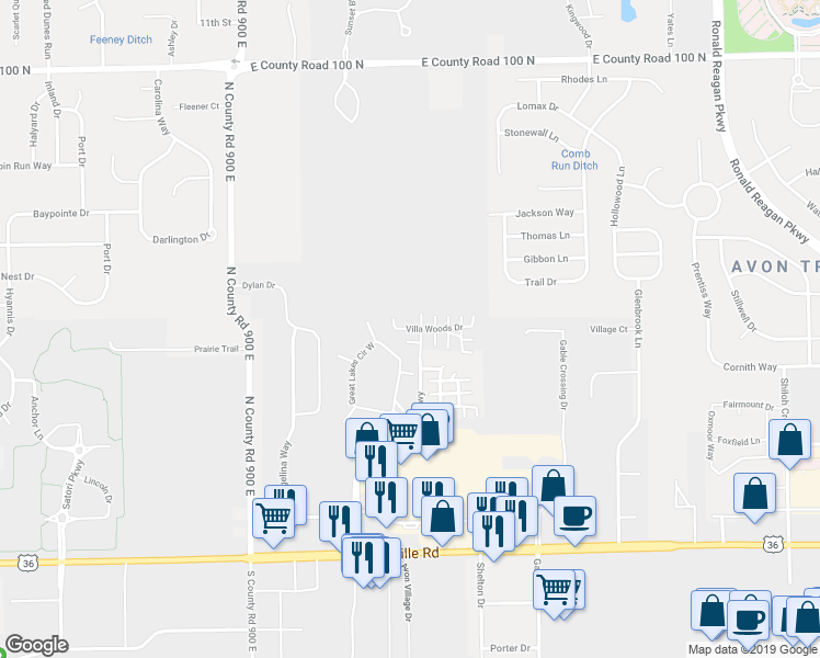 map of restaurants, bars, coffee shops, grocery stores, and more near 9481 Villa Woods Drive in Avon