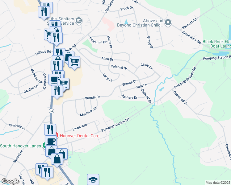 map of restaurants, bars, coffee shops, grocery stores, and more near 1380 Wanda Drive in Hanover