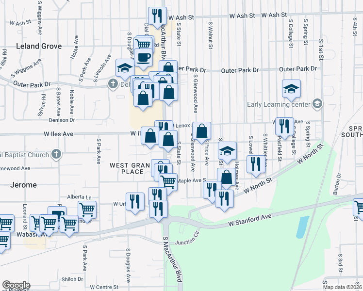 map of restaurants, bars, coffee shops, grocery stores, and more near 2731 South State Street in Springfield