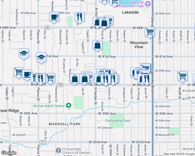 map of restaurants, bars, coffee shops, grocery stores, and more near 3850 North Harlan Street in Wheat Ridge