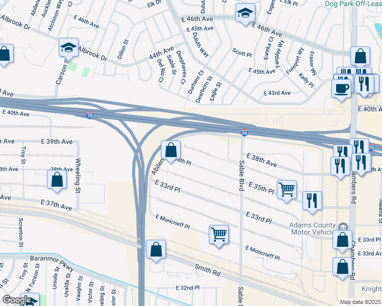 map of restaurants, bars, coffee shops, grocery stores, and more near 14209 East 35th Place in Aurora