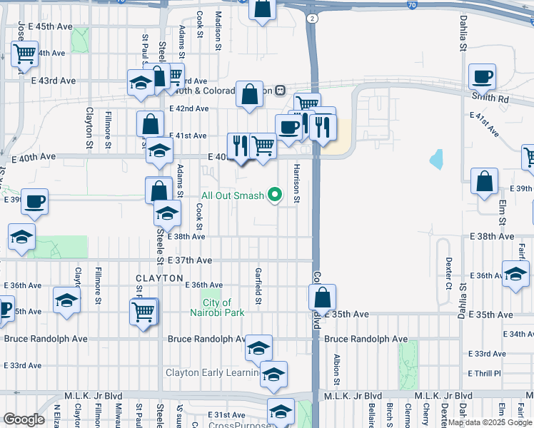 map of restaurants, bars, coffee shops, grocery stores, and more near 3795 38th Avenue in Denver