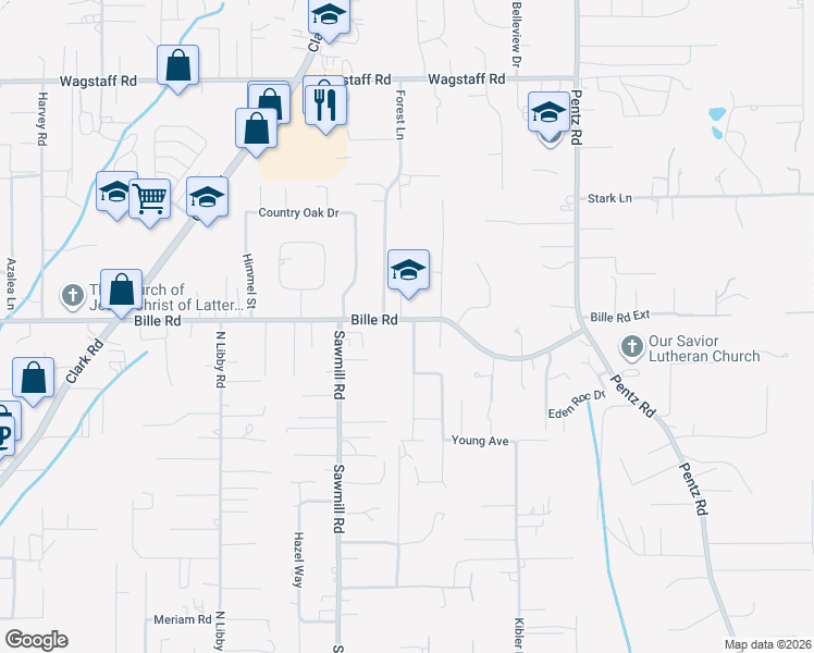 map of restaurants, bars, coffee shops, grocery stores, and more near 1570 Bille Road in Paradise