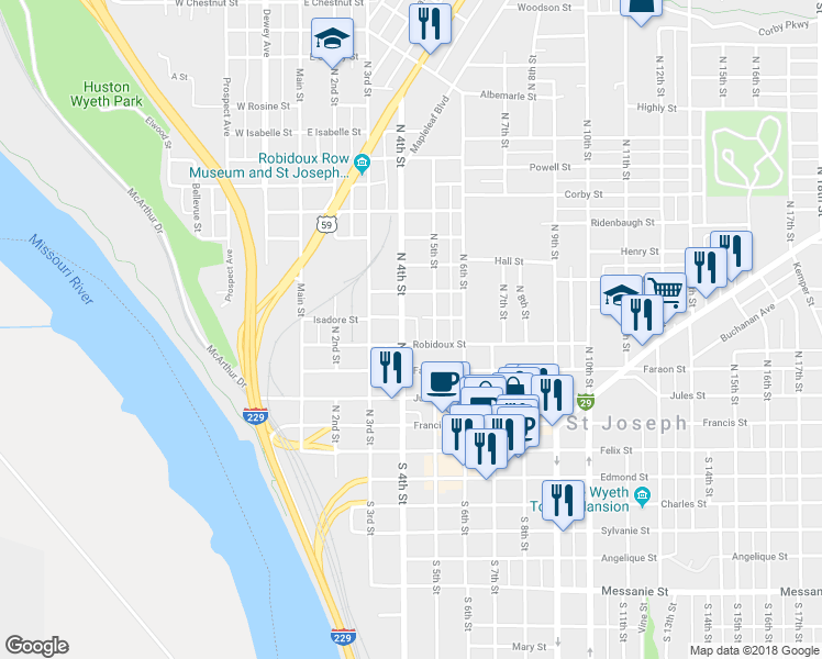 map of restaurants, bars, coffee shops, grocery stores, and more near 515 North 4th Street in Saint Joseph