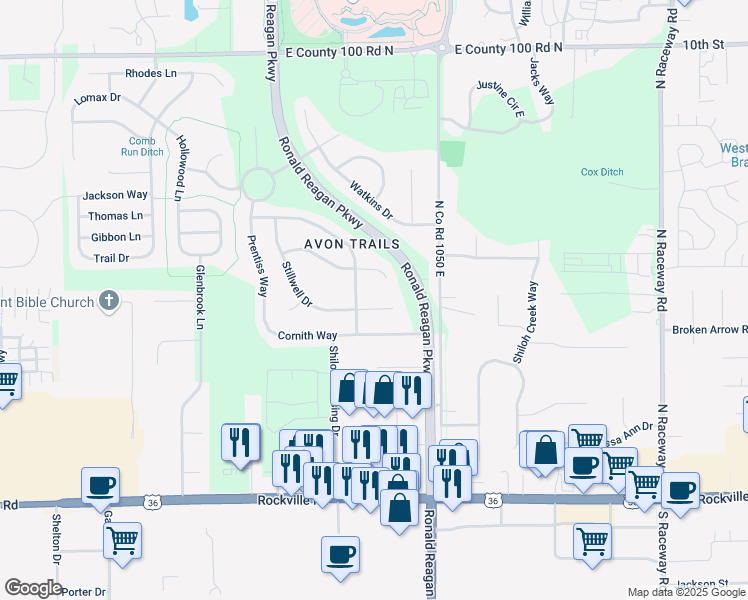 map of restaurants, bars, coffee shops, grocery stores, and more near 10384 Buell Court in Avon