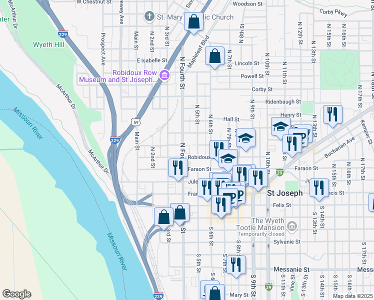 map of restaurants, bars, coffee shops, grocery stores, and more near 515 North 4th Street in Saint Joseph