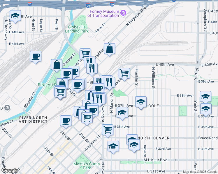 map of restaurants, bars, coffee shops, grocery stores, and more near 3789 Walnut Street in Denver