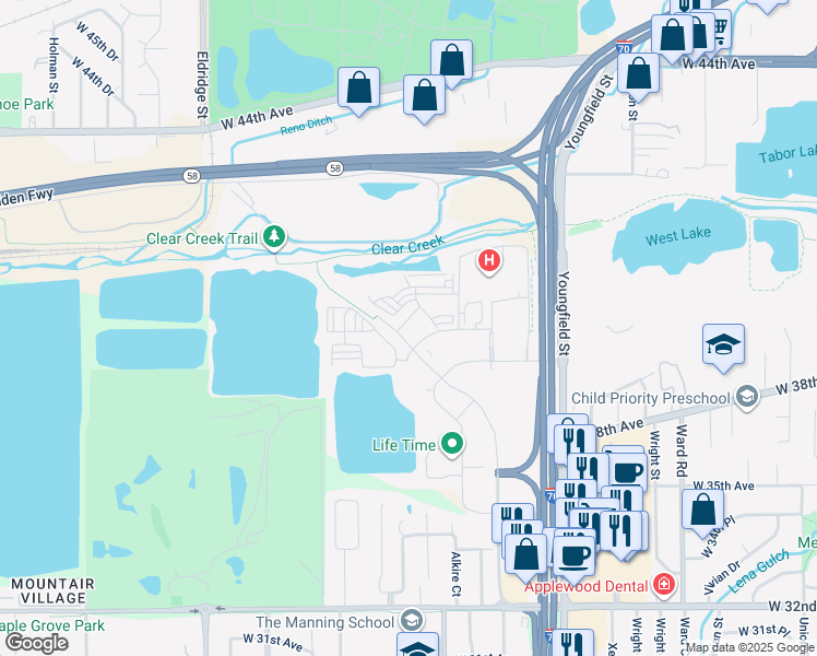map of restaurants, bars, coffee shops, grocery stores, and more near 4044 Clear Creek Drive in Lakewood