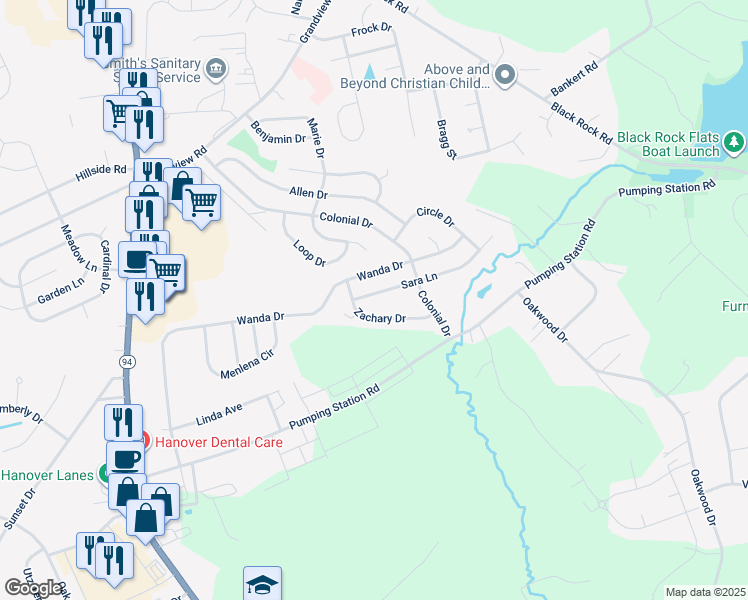 map of restaurants, bars, coffee shops, grocery stores, and more near 21 Sara Lane in Hanover