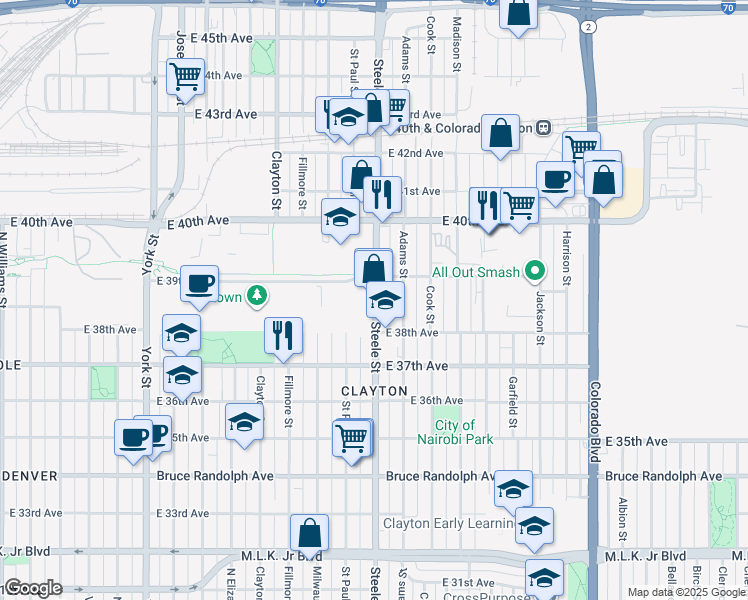 map of restaurants, bars, coffee shops, grocery stores, and more near 3875 Steele Street in Denver
