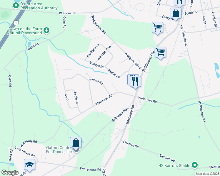 map of restaurants, bars, coffee shops, grocery stores, and more near 108 Tweed Road in Oxford