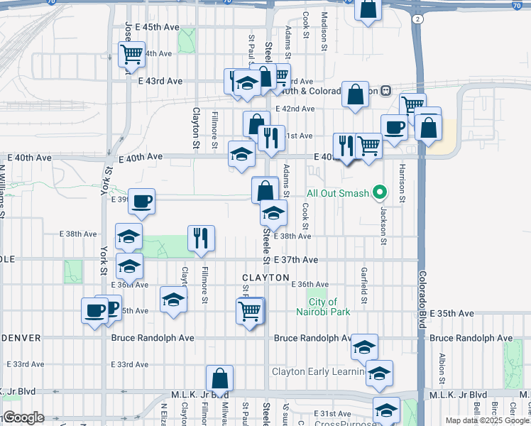 map of restaurants, bars, coffee shops, grocery stores, and more near 3857 Steele Street in Denver