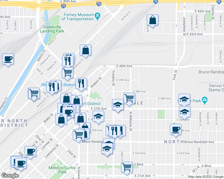 map of restaurants, bars, coffee shops, grocery stores, and more near 3844 Franklin Street in Denver
