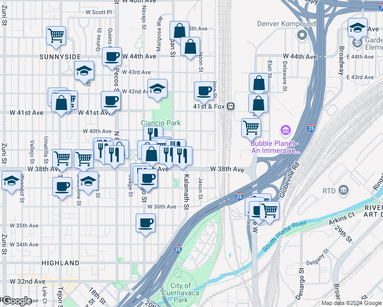 map of restaurants, bars, coffee shops, grocery stores, and more near 3935 Jason Street in Denver