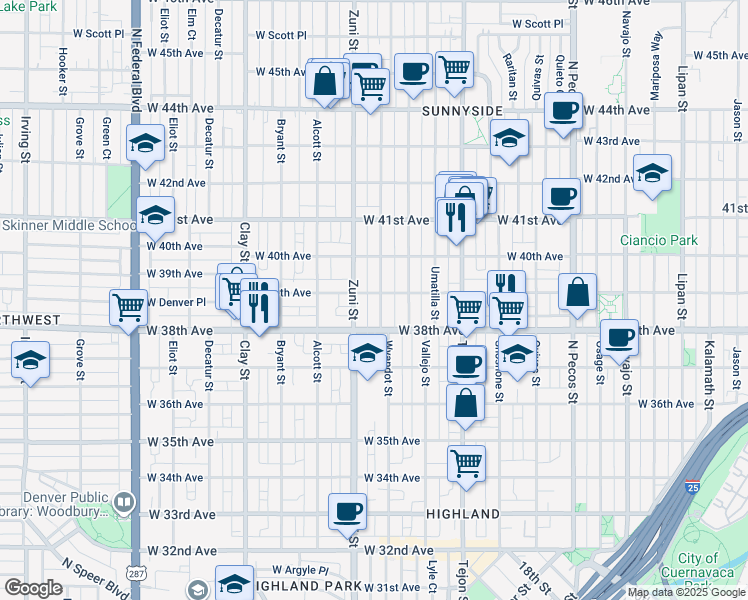map of restaurants, bars, coffee shops, grocery stores, and more near 3923 Wyandot Street in Denver