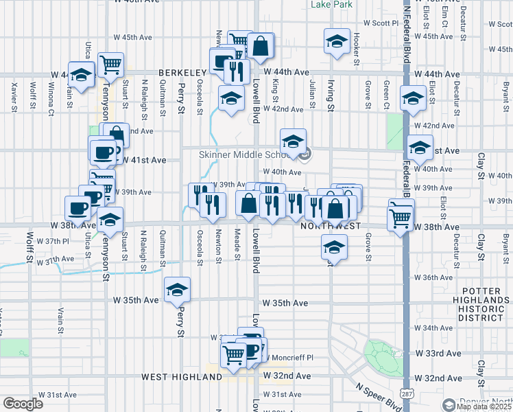 map of restaurants, bars, coffee shops, grocery stores, and more near 3910 Lowell Boulevard in Denver