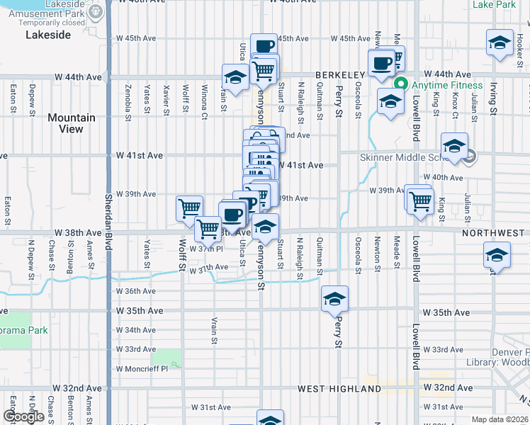 map of restaurants, bars, coffee shops, grocery stores, and more near 3900 Tennyson Street in Denver