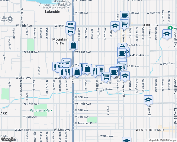 map of restaurants, bars, coffee shops, grocery stores, and more near 3895 Yates Street in Denver