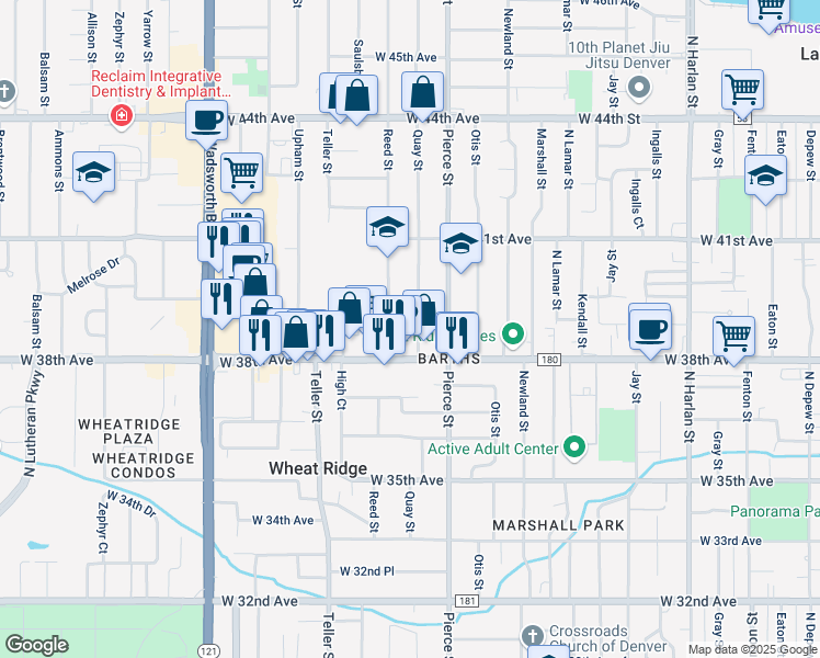 map of restaurants, bars, coffee shops, grocery stores, and more near 3885 Quay Street in Wheat Ridge