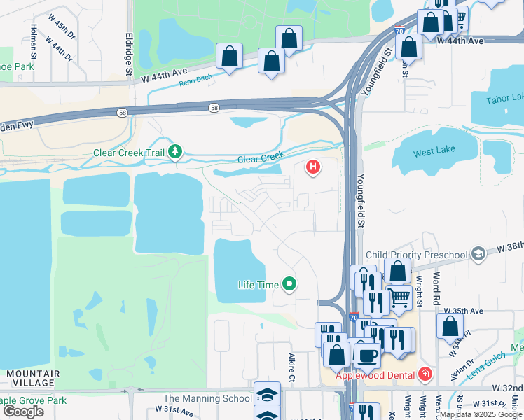 map of restaurants, bars, coffee shops, grocery stores, and more near 4044 Clear Creek Drive in Wheat Ridge