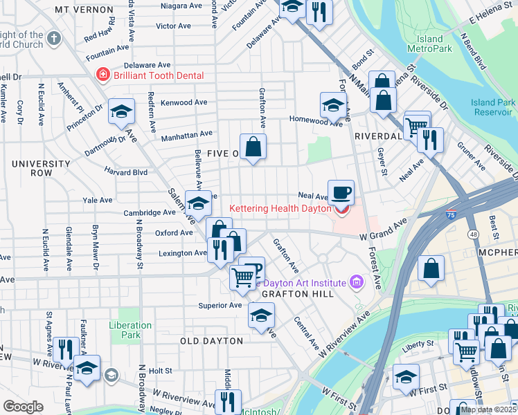 map of restaurants, bars, coffee shops, grocery stores, and more near 621 Neal Avenue in Dayton