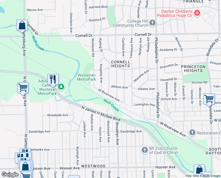 map of restaurants, bars, coffee shops, grocery stores, and more near 1315 Alcott Avenue in Dayton