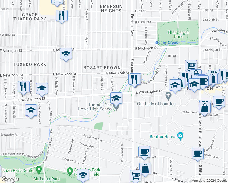 map of restaurants, bars, coffee shops, grocery stores, and more near 5040 East Pleasant Run Parkway North Drive in Indianapolis