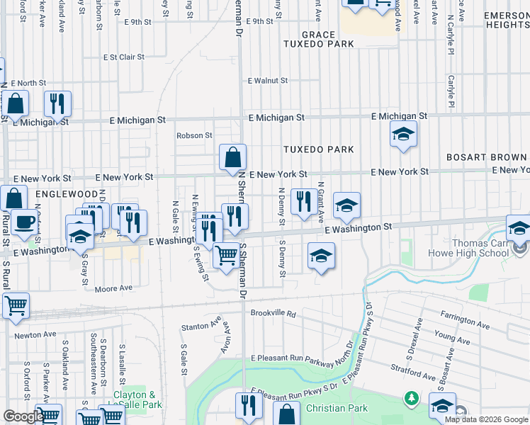 map of restaurants, bars, coffee shops, grocery stores, and more near 102 South Bradley Avenue in Indianapolis
