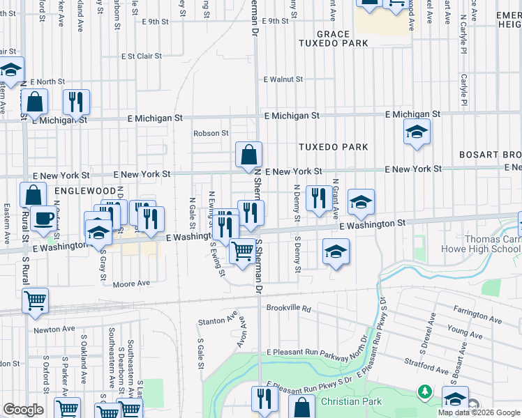 map of restaurants, bars, coffee shops, grocery stores, and more near 102 South Bradley Avenue in Indianapolis