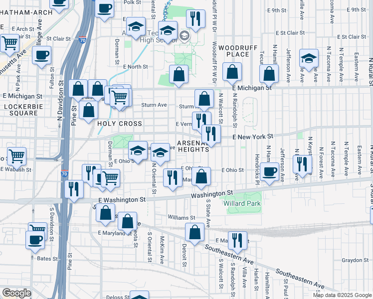 map of restaurants, bars, coffee shops, grocery stores, and more near 323 North Arsenal Avenue in Indianapolis