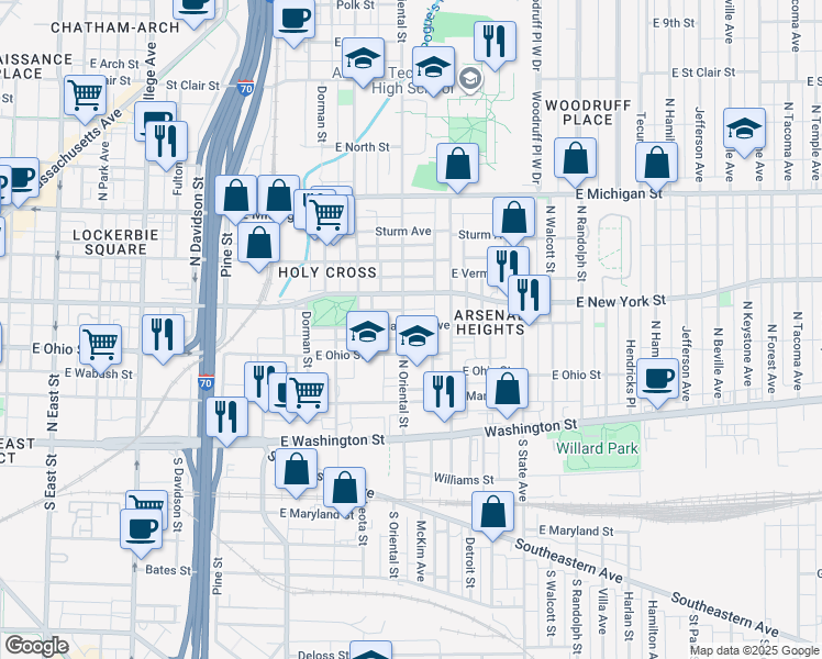 map of restaurants, bars, coffee shops, grocery stores, and more near 1421 East New York Street in Indianapolis