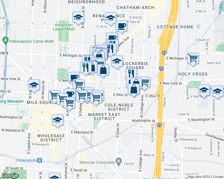 map of restaurants, bars, coffee shops, grocery stores, and more near 437 East New York Street in Indianapolis