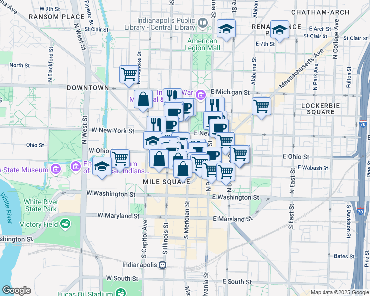 map of restaurants, bars, coffee shops, grocery stores, and more near 240 North Meridian Street in Indianapolis