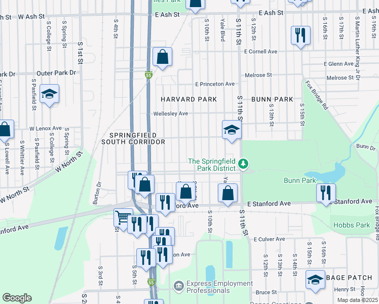 map of restaurants, bars, coffee shops, grocery stores, and more near 2504 South 9th Street in Springfield