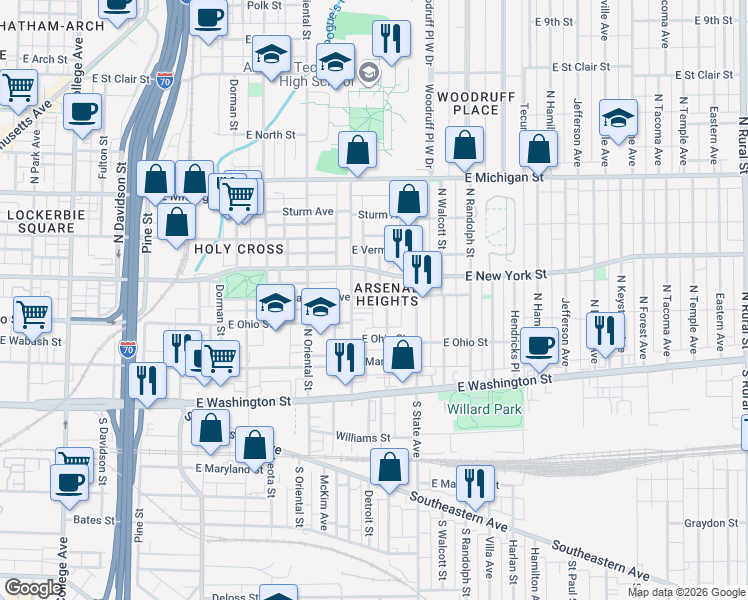 map of restaurants, bars, coffee shops, grocery stores, and more near 323 North Arsenal Avenue in Indianapolis