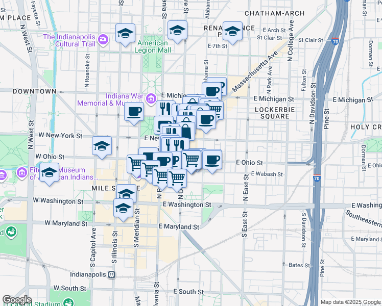 map of restaurants, bars, coffee shops, grocery stores, and more near 151 North Delaware Street in Indianapolis