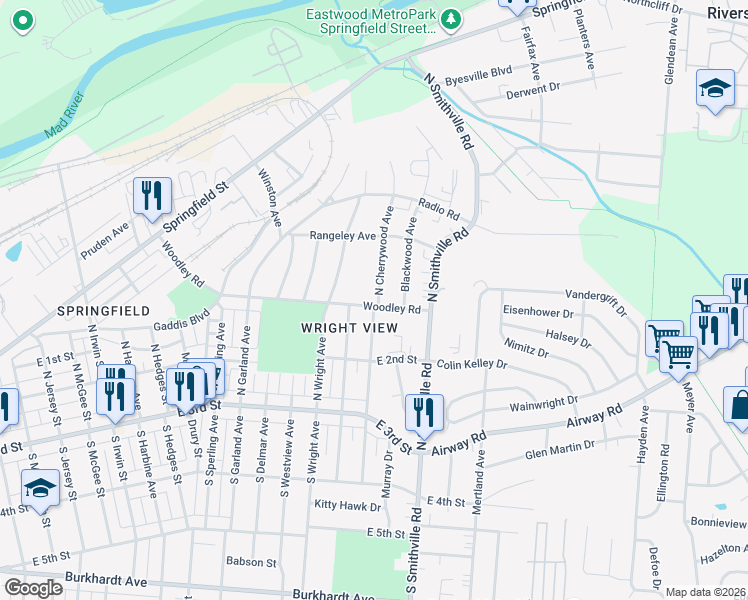 map of restaurants, bars, coffee shops, grocery stores, and more near 228 North Cherrywood Avenue in Dayton