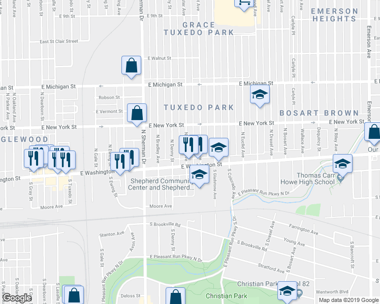 map of restaurants, bars, coffee shops, grocery stores, and more near 29 South Chester Avenue in Indianapolis