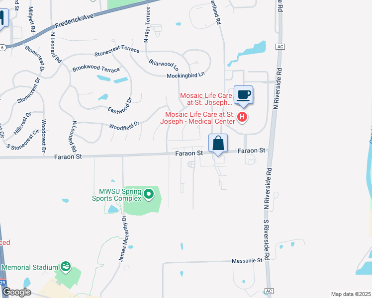 map of restaurants, bars, coffee shops, grocery stores, and more near 5105 Faraon Street in Saint Joseph