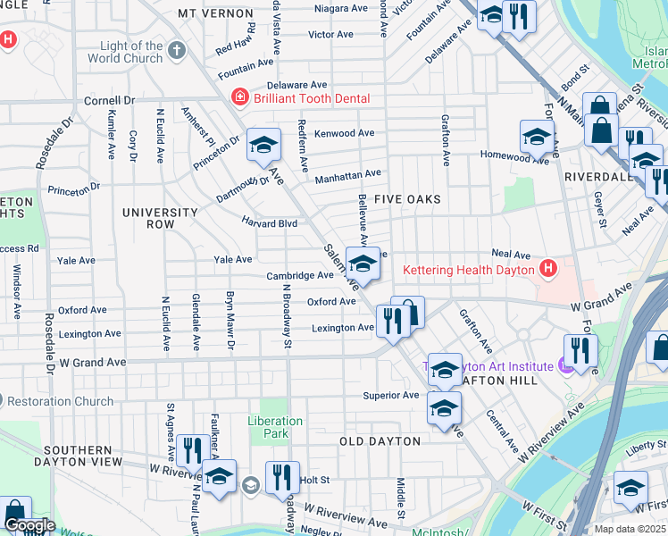 map of restaurants, bars, coffee shops, grocery stores, and more near 3 Cambridge Avenue in Dayton