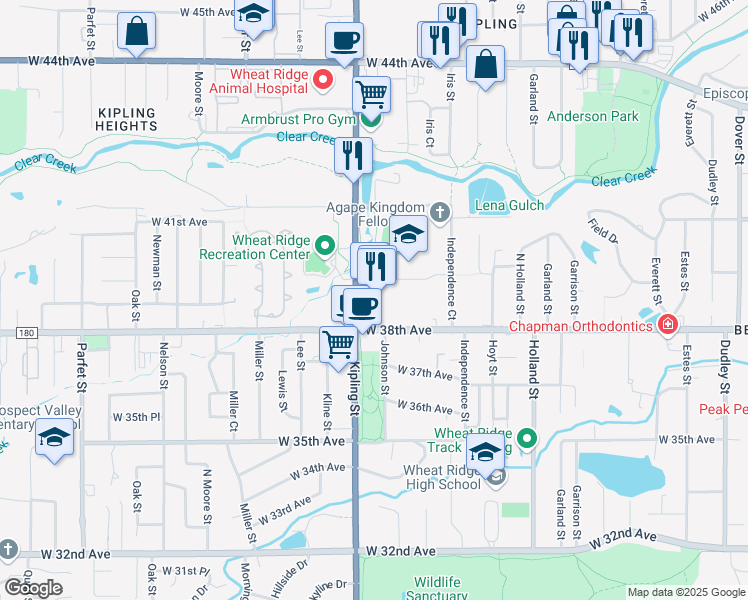 map of restaurants, bars, coffee shops, grocery stores, and more near 3890 Kipling Street in Wheat Ridge