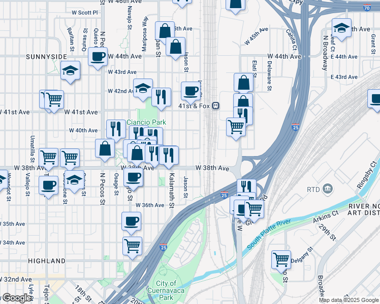 map of restaurants, bars, coffee shops, grocery stores, and more near 3931a Inca Street in Denver