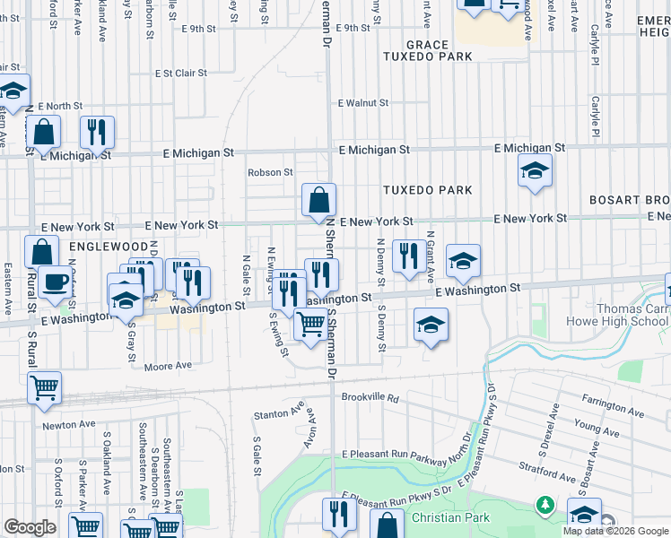 map of restaurants, bars, coffee shops, grocery stores, and more near 102 South Bradley Avenue in Indianapolis