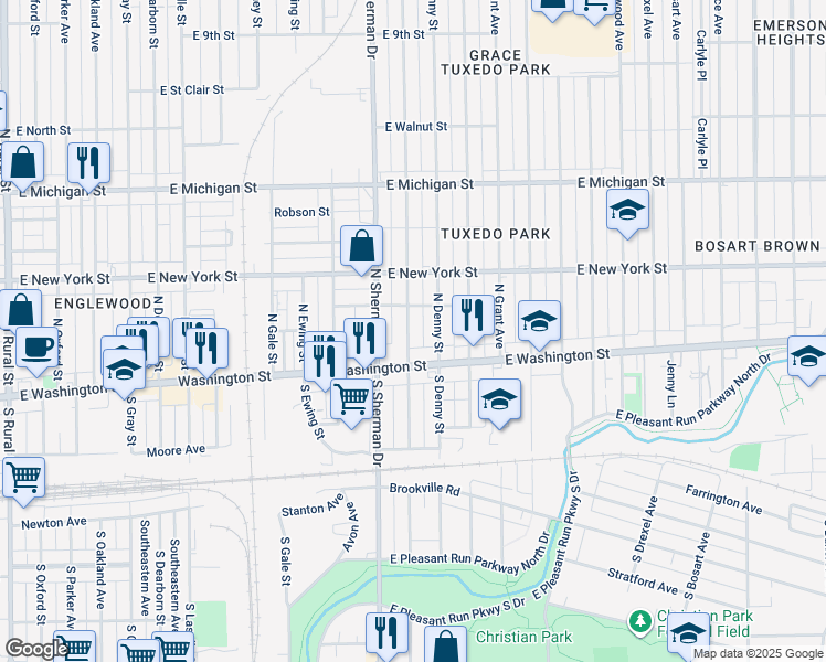 map of restaurants, bars, coffee shops, grocery stores, and more near 102 South Bradley Avenue in Indianapolis