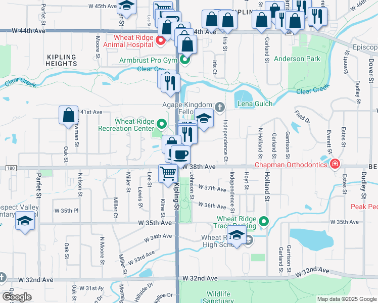 map of restaurants, bars, coffee shops, grocery stores, and more near 3890 Kipling Street in Wheat Ridge