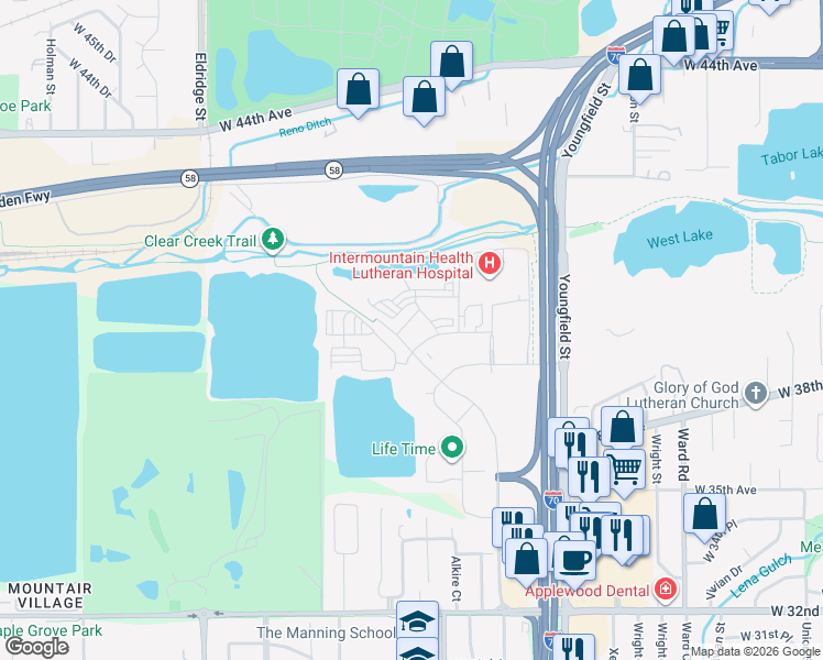 map of restaurants, bars, coffee shops, grocery stores, and more near 4040 Clear Creek Drive in Wheat Ridge