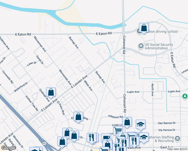 map of restaurants, bars, coffee shops, grocery stores, and more near 983 East Lassen Avenue in Chico