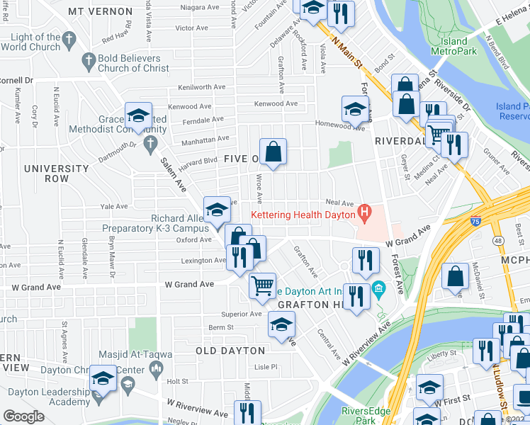 map of restaurants, bars, coffee shops, grocery stores, and more near 38 Wroe Avenue in Dayton