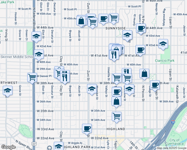 map of restaurants, bars, coffee shops, grocery stores, and more near 3923 Wyandot Street in Denver