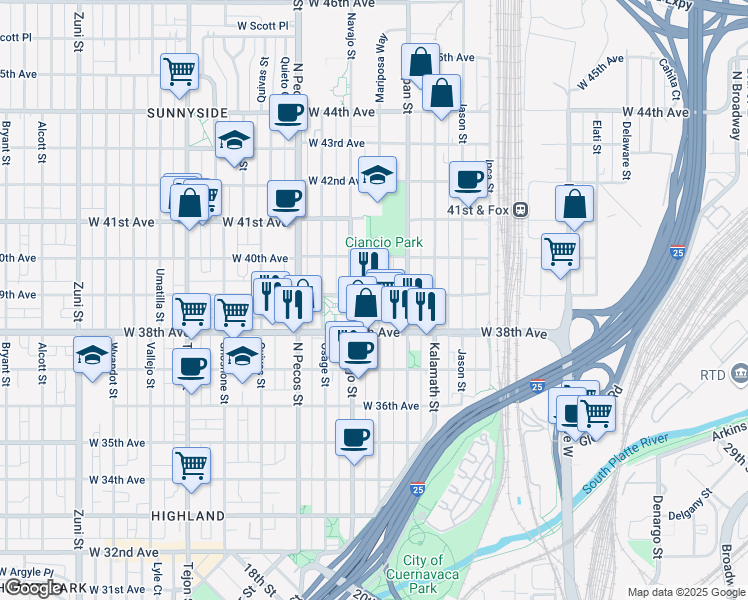 map of restaurants, bars, coffee shops, grocery stores, and more near 3855 Mariposa Street in Denver